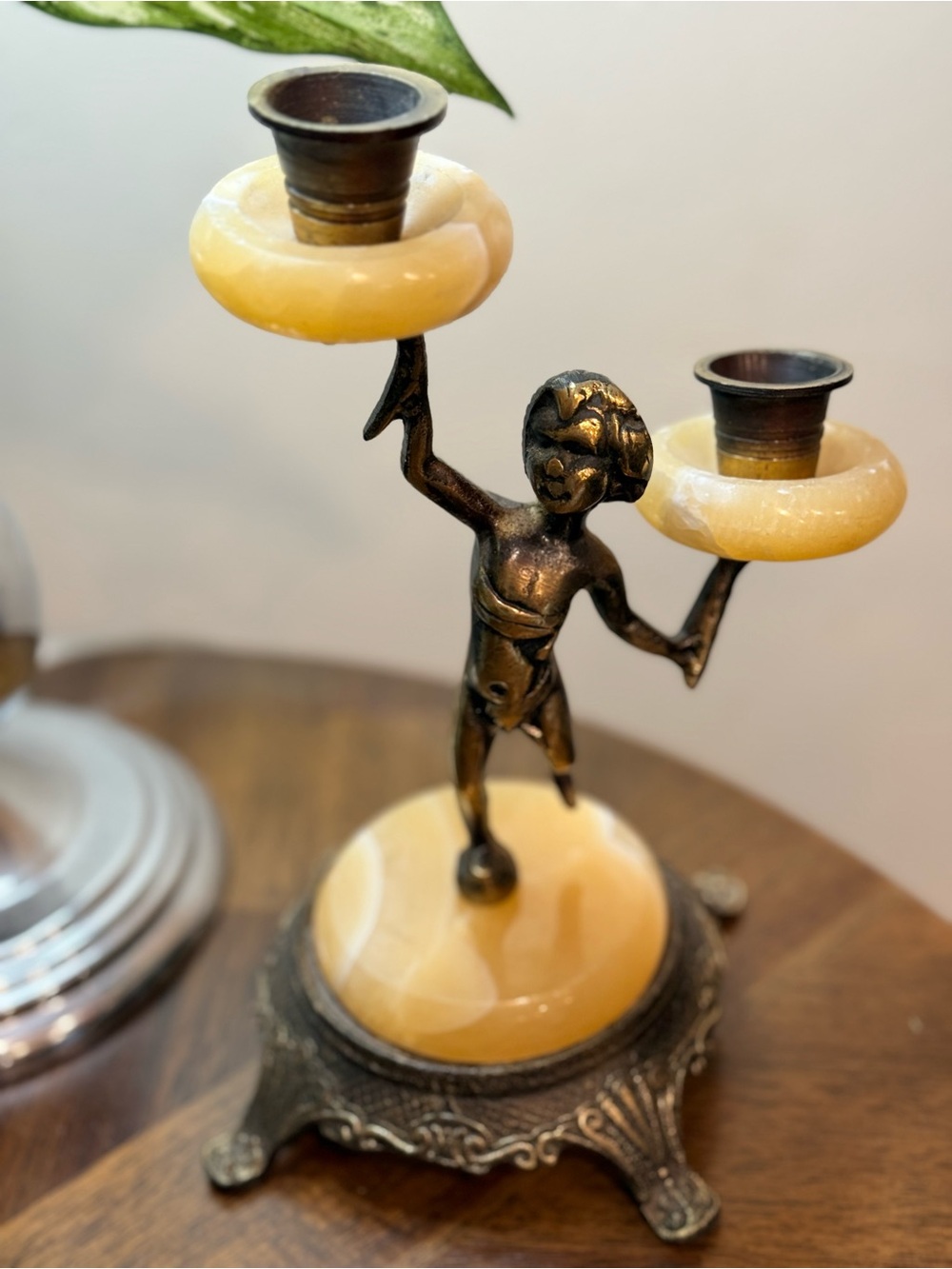 Rare Vintage Brass Cherub Candelabra Marble Base Hollywood Regency 2 Arm
